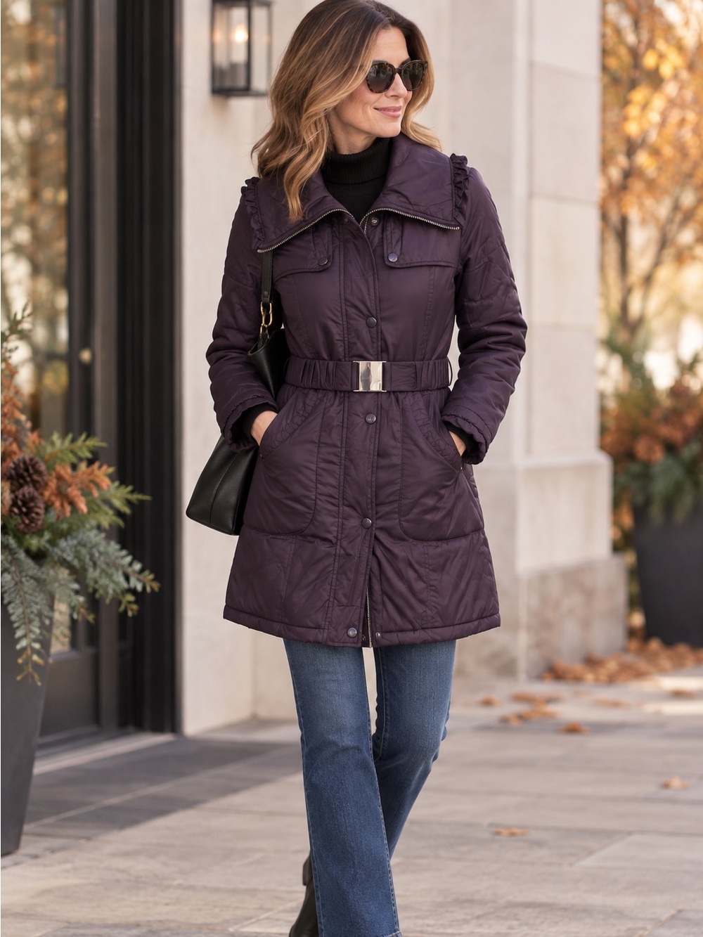 Laundry by Design Plum Belted Lightweight Puffer Coat Small Ruffle Jacket